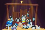  bob_(undertale) canid canine clothed clothing felid feline group hair hi_res mammal simple_background smile tem temmie_(undertale) topwear undersong undertale video_games white_body 