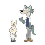  1:1 2021 anthro beastars blue_clothing blue_topwear blue_vest bottomwear canid canine canis clothed clothing domestic_rabbit dress duo female fully_clothed fur gesture grey_body grey_bottomwear grey_clothing grey_fur grey_pants haru_(beastars) hi_res javigameboy jellystone_(hbo_max) lagomorph larger_male legoshi_(beastars) leporid male mammal oryctolagus pants rabbit school_uniform simple_background size_difference smaller_female style_parody toony topwear uniform waving white_background white_body white_clothing white_dress white_fur wolf 
