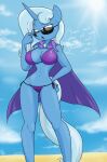  2017 anthro beach big_breasts bikini blue_body blue_fur bodily_fluids breasts cape cleavage clothed clothing curvy_figure detailed_background dialogue digital_media_(artwork) english_text equid equine eyelashes eyewear female fingers friendship_is_magic fur glasses hair hand_on_hip hasbro hi_res horn horse hourglass_figure huge_breasts mammal my_little_pony navel outside panties pink_eyes pony sandwich-anomaly seaside side-tie_bikini side-tie_panties solo standing sunglasses sweat swimwear text thick_thighs tongue trixie_(mlp) under_boob underwear unicorn voluptuous white_hair wide_hips 