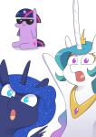  absurd_res blue_eyes blue_hair crown equid equine eyewear friendship_is_magic hair hasbro hi_res horn jewelry mammal my_little_pony necklace princess_celestia_(mlp) princess_luna_(mlp) purple_eyes sitting sparkles sunglasses tiara twilight_sparkle_(mlp) two_soyjaks_pointing underpable unicorn 