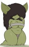  bandeau big_breasts bottomwear breasts clothing cute_fangs female goblin hair_over_eyes hi_res humanoid humanoid_pointy_ears kierus kneeling loincloth not_furry short_stack smile solo thick_thighs topwear wraps 