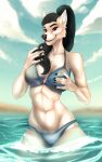  2021 5_fingers anthro areola bikini black_hair black_nose breasts canid canine canis clothed clothing day detailed_background digital_media_(artwork) domestic_dog eyebrows eyelashes female fingers hair hand_on_breast hi_res kristiana_puff mammal midriff navel nipples outside sky smile swimwear 