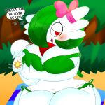  1:1 2021 3barts absurd_res accessory beach big_breasts bikini blush bouncing_breasts breast_jiggle breast_squish breasts cleavage clothed clothing curvy_figure detailed_background dialogue digital_media_(artwork) english_text eyelashes female fingers gardevoir green_hair hair hair_accessory hair_bow hair_ribbon hi_res holding_breast hourglass_figure huge_breasts humanoid looking_at_viewer navel nintendo not_furry one_eye_obstructed pok&eacute;mon pok&eacute;mon_(species) red_eyes ribbons seaside sitting smile solo squish sunscreen swimwear text thick_thighs tongue video_games voluptuous white_body white_skin wide_hips 