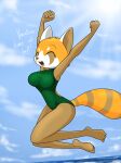  2017 aggressive_retsuko ailurid anthro beach big_breasts big_butt breasts brown_body brown_fur butt clothing curvy_figure detailed_background dialogue digital_media_(artwork) english_text eyelashes eyes_closed feet female fingers fur hi_res hourglass_figure huge_breasts jumping leaping mammal multicolored_body multicolored_fur one-piece_swimsuit orange_body orange_fur outside red_panda retsuko sandwich-anomaly sanrio sea seaside smile solo swimwear teeth text thick_thighs toes tongue voluptuous water white_body white_fur wide_hips 