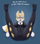  2014 absurd_res acstlu angry anthro bayonetta bayonetta_(character) big_breasts biped breasts camel_toe canid canine clothing cosplay crossgender dialogue digital_media_(artwork) english_text eyewear feet_up female footwear fox fox_mccloud glasses green_eyes hi_res high_heels looking_at_viewer mammal mtf_crossgender nintendo nipple_outline open_mouth presenting rubber shoes simple_background solo spread_legs spreading star_fox text video_games 