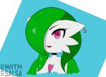  2021 digital_media_(artwork) ear_piercing female gardevoir green_hair hair hi_res humanoid lipstick looking_at_viewer makeup nintendo not_furry one_eye_obstructed piercing pok&eacute;mon pok&eacute;mon_(species) red_eyes servedwithsalsa signature simple_background solo video_games watermark white_body 