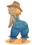  2019 acstlu animate_inanimate big_butt biped blonde_hair butt clothing coveralls digital_media_(artwork) eyelashes female freckles hair hat headgear headwear hi_res humanoid living_scarecrow looking_back not_furry scarecrow scarecrow_girl_(acstlu) simple_background solo surprise thick_thighs white_background 