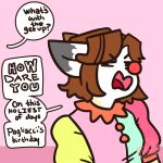  1:1 anthro april_fools_day bodypaint bramble_(katlovesshrimp) clothed clothing clown clown_nose comic domestic_cat english_text felid feline felis katlovesshrimp mammal paggliaci text 