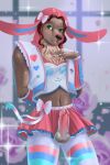  2:3 absurd_res anthro balls black_nose bottomwear bow_tie brown_body brown_fur brown_hair canid canine canis clothing ears_down flower fur genitals girly green_eyes hair hat headgear headwear hi_res levsha male male/male mammal navel penis pink_body pivoted_ears plant ribbons skirt solo wolf 