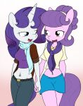  2017 accessory anthro big_breasts blue_eyes bottomwear breasts brown_eyes clothing coat denim denim_clothing digital_media_(artwork) duo equid equine eyelashes female female/female fingers friendship_is_magic fur hair hand_holding hasbro headband horn horse jeans looking_at_another mammal midriff midriff_baring_shirt my_little_pony navel navel_piercing pants piercing pink_body pink_fur pony purple_hair rarity_(mlp) sandwich-anomaly scarf simple_background skirt smile standing suri_polomare_(mlp) tongue topwear unicorn white_background white_body white_fur 