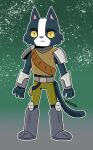  anthro avocato belt black_eyes blue_body blue_fur boots bottomwear clothing domestic_cat felid feline felis final_space footwear fur green_background hi_res kazoko_(artist) male mammal pink_nose shoulder_pads simple_background solo standing topwear ventrexian yellow_sclera 