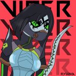  1:1 2021 anthro anthrofied black_hair digital_media_(artwork) female grey_body hair half-length_portrait hi_res looking_at_viewer portrait red_background reptile riot_games ryuzka scalie signature simple_background snake solo valorant video_games viper viper_(valorant) yellow_sclera 