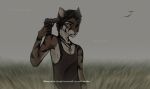  2019 5_fingers anthro clothed clothing day detailed_background digital_media_(artwork) english_text eyebrows eyelashes felid feline fingers grass gun hair hi_res holding_gun holding_object holding_weapon kristiana_puff male mammal outside plant ranged_weapon solo suicide_attempt text weapon 