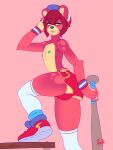  3:4 anthro baseball_bat bat_(object) bottomwear bulge clothing crobat_(artist) footwear fur girly green_eyes green_nipples hair hat headgear headwear hi_res hotpants lips long_socks looking_at_viewer male mammal nipples pink_body pink_fur pink_hair shirtless shoes shorts solo spots ursid wristband 