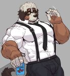 anthro beverage biceps big_muscles canid canine canis cigarette clothing digital_media_(artwork) domestic_dog eyewear facial_hair fur glasses hair hi_res huge_muscles istani male mammal muscular muscular_anthro muscular_male necktie simple_background smoking solo 