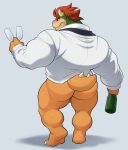  analon_(artist) anthro backsack balls bottomless bowser butt clothed clothing genitals grey_background hair hi_res horn koopa looking_back male mario_bros muscular muscular_anthro muscular_male nintendo rear_view red_hair reptile scalie simple_background solo suit video_games wine_bottle wine_glass 