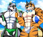  abs anthro beach bearlovestiger13 canid canine canis clothing detailed_background domestic_dog felid fur green_eyes group hoodie husky live-a-hero male mammal mask monomasa muscular muscular_anthro muscular_male nordic_sled_dog outside pantherine pecs ryekie_(live-a-hero) sand seaside sky spitz summer swimwear tiger topwear video_games 