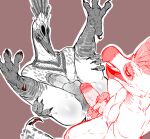  2021 aknosom anthro anthro_on_anthro anus balls beak bird_feet bird_wyvern bodily_fluids butt capcom custapple erection genitals hand_on_penis head_crest head_feathers hi_res humanoid_genitalia humanoid_penis imminent_sex kulu-ya-ku lying male male/male monster_hunter on_back penis pink_background retracted_foreskin simple_background sweat sweatdrop video_games 