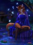  2021 anthro black_nose breasts brown_body brown_fur brown_hair canid canine cheek_tuft claws clothed clothing depth_of_field detailed_background digital_media_(artwork) dipstick_ears dress elvofirida eyebrows eyelashes facial_tuft female fox fur hair hi_res inner_ear_fluff mammal multicolored_ears night outside samantha_(syronck01) smile solo toe_claws tuft 