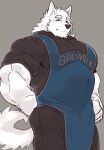  anthro biceps canid canine canis clothing fur hi_res istani male mammal musclegut muscular muscular_anthro muscular_male simple_background solo white_body white_fur wolf 