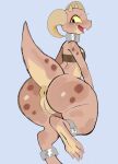  anthro anus big_butt bottomless brown_body brown_scales butt chest_wraps clothed clothing female fluffqween grey_background hi_res horn kobold looking_back non-mammal_anus non-mammal_pussy open_mouth piko_(simplifypm) rear_view scales scalie simple_background smile solo spots thick_thighs wide_hips wraps yellow_sclera 
