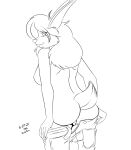  2021 anthro bottomwear breasts buckteeth clothed clothing featureless_breasts female fur hair hi_res lagomorph leporid looking_back mammal monochrome pants pants_down partially_clothed rabbit sailoranna scut_tail solo teeth topless undressing 