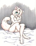  2004 anthro arctic_fox blue_eyes breasts canid canine female flinters fox genitals looking_at_viewer mammal nipples nude pussy shy sitting snow solo 