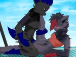  4:3 anthro beach beach_umbrella blue_hair blush bodily_fluids bulge clothed clothing curvaceous curvy_figure dark_body dark_skin dennhaze duo female fur genital_fluids genitals grey_body grey_fur grey_hair grey_skin hair hi_res knot leg_grab male male/female movement movement_lines nintendo open_mouth penetration penis pok&eacute;mon pok&eacute;mon_(species) pussy red_hair seaside sex sky smile spread_legs spreading tickling topwear video_games voluptuous zariah_the_zorua zorua 