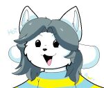  anthro canid canine clothed clothing felid feline flufflezthefox fur hair low_res mammal open_mouth simple_background tem temmie_(undertale) text topwear undertale video_games white_body white_fur 