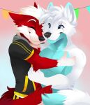  anthro canid canine duo feve fur happy hi_res hug invalid_tag lineless male male/male mammal red_body red_fur riyuu smile teeth waist_up white_body white_fur 