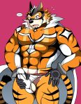  abs anthro bearlovestiger13 clothing felid fur genitals hi_res live-a-hero male mammal mask muscular muscular_anthro muscular_male pantherine pecs penis ryekie_(live-a-hero) solo spandex superhero tiger tight_clothing video_games 