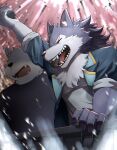 anthro canid canine canis cheering duo fur grey_body grey_fur hi_res male mammal managarmr_(housamo) ponzu_tas smile tokyo_afterschool_summoners video_games wolf 
