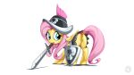  16:9 animal_genitalia animal_pussy armor blue_eyes clothed clothing cutie_mark digital_media_(artwork) dock equid equine equine_anus equine_pussy feathered_wings feathers female feral fluttershy_(mlp) friendship_is_magic fur genitals hair hasbro headgear helmet hi_res long_hair looking_back mammal melee_weapon my_little_pony mysticalpha object_in_mouth partially_clothed pegasus pink_hair pink_tail pussy shield signature simple_background solo sword sword_in_mouth text url weapon white_background widescreen wings yellow_body yellow_feathers yellow_fur 