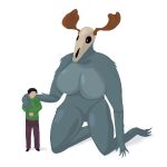  1:1 american_mythology anterior_nasal_aperture antlers big_breasts bodily_fluids breasts duo featureless_breasts featureless_crotch female fur grey_body grey_fur hand_on_shoulder hands_together hi_res horn human humanoid indigenous_north_american_mythology larger_female male mammal mythology north_american_mythology shadow shamelessgrimoire size_difference skull_face skull_head smaller_male sweat sweatdrop thick_thighs wendigo wide_hips 