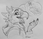  2021 5_fingers anthro avian beak bird clothed clothing fingers hi_res kashmere male monochrome open_mouth smile solo tongue traditional_media_(artwork) 