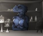  abelisaurid abelisaurus absurd_res anthro azula_schantz barista big_breasts bottomwear breasts cafe candy clothed clothing coffee_mug coffee_shop dessert dinosaur female food hi_res hotpants megamoppaart nipples public public_nudity reptile scalie shorts solo theropod topless topless_barista tyrannosaurid 