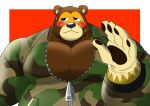  2021 animal_crossing anthro black_nose blush brown_body clothed clothing hi_res humanoid_hands ike_(animal_crossing) kemono male mammal musclegut nintendo shillon0610 simple_background solo ursid video_games 