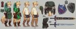  2020 alternate_species anthro barefoot belt blonde_hair blue_eyes bottomwear canid canine clothing ear_piercing ear_ring english_text feet fingerless_gloves footwear fur furrification gloves hair handwear hat headgear headwear hi_res link male mammal master_sword melee_weapon model_sheet nintendo piercing shield shorts simple_background solo sword text the_legend_of_zelda tuft uzucake video_games weapon 