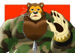  2021 animal_crossing anthro black_nose brown_body clothed clothing hi_res humanoid_hands ike_(animal_crossing) kemono male mammal musclegut nintendo shillon0610 simple_background smoking solo ursid video_games 
