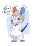  animal_crossing anthro blue_inner_ear bottomless clothed clothing coat dialogue eyewear female glasses glint hi_res lab_coat looking_at_viewer mammal mouse murid murine nintendo petri_(animal_crossing) red_inner_ear rodent solo text topwear ukan_muri video_games 