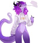  anthro bottomless clothed clothing female fivel genitals hair hi_res horn pink_hair pussy scalie smoke smoking smoking_weed solo standing 
