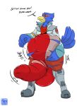  5_fingers absurd_res anthro avian balls balls_expansion bandanna beak belly belly_expansion big_balls big_belly big_penis blue_body blue_feathers blush boots clothing english_text erigawn expansion falco_lombardi feathers fingers footwear genital_expansion genitals hi_res huge_balls huge_penis hyper hyper_balls hyper_genitalia hyper_penis kerchief male nintendo onomatopoeia penis penis_expansion red_bandanna red_kerchief solo sound_effects star_fox text torn_clothing video_games vore weight_gain yellow_beak 