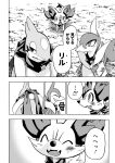  ambiguous_gender anthro bag canid cave comic dialogue eyes_closed fangs fennekin feral floatzel group inside japanese_text mako_mickt mammal monochrome nintendo open_mouth pok&eacute;mon pok&eacute;mon_(species) pok&eacute;mon_mystery_dungeon scarf servine smile text tongue translated video_games 