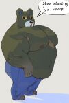  2021 absurd_res animal_crossing anthro belly black_nose bottomwear clothing english_text grizzly_(animal_crossing) hi_res humanoid_hands male mammal musclegut nintendo nipples overweight overweight_male pants pearypanda solo text ursid video_games 