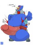  after_vore anthro avian balls balls_expansion bandanna belly belly_expansion belly_grab big_balls big_belly big_penis blue_balls blue_body blue_feathers blush clothing dialogue english_text erigawn expansion falco_lombardi feathers genital_expansion genitals hand_on_stomach hi_res huge_balls huge_penis humanoid_genitalia humanoid_penis hyper hyper_balls hyper_belly hyper_genitalia hyper_penis kerchief male nintendo onomatopoeia penis penis_expansion pink_penis red_bandanna red_kerchief solo sound_effects star_fox text torn_clothing video_games vore weight_gain 