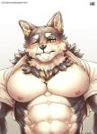  2021 abs anthro biceps blue_eyes brown_body brown_fur canid canine canis clothing eyes_closed fur hi_res male mammal muscular muscular_anthro muscular_male nipples ogami_aratsuka pecs rotsw simple_background solo virtual_youtuber wolf 