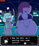  anthro big_breasts bikini blush bodily_fluids bovid bracelet breasts capreoline caprine cervid choker cleavage clothed clothing curvy_figure deltarune dialogue dongitos duo female female/female freckles goat hand_behind_head hi_res hidden_eyes huge_breasts jewelry mammal navel necklace noelle_holiday ralsei reindeer reptile scalie spiked_bracelet spikes standing susie_(deltarune) sweat swimwear text thick_thighs undertale_(series) video_games voluptuous wide_eyed wide_hips 