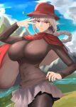  1girl absurdres aya_roushi bangs blue_sky breasts brown_legwear brown_shirt commission fate/grand_order fate_(series) florence_nightingale_(fate) grey_skirt hat heroic_spirit_traveling_outfit highres large_breasts long_hair long_sleeves looking_at_viewer mountain pantyhose pink_hair red_eyes red_headwear red_scarf river scarf shirt skeb_commission skirt sky solo sparkle w 