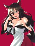  1girl animal_ear_fluff animal_ears arms_up bangs bare_shoulders blush breasts brooch brown_hair cleavage dress eyebrows_visible_through_hair eyelashes fangs fingernails hair_between_eyes highres imaizumi_kagerou jewelry ke-su large_breasts long_sleeves looking_at_viewer multicolored_clothes off-shoulder_dress off_shoulder open_mouth red_background red_eyes ruby_(gemstone) sidelocks simple_background slit_pupils solo standing symbol-only_commentary tail tearing_up tears teeth touhou upper_body upper_teeth wolf_ears wolf_girl wolf_tail 