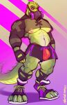  anthro black_clothing bottomwear clothing fingerless_gloves footwear gloves green_body handwear hi_res lizard male marlon.cores mask muscular muscular_anthro muscular_male nipples pecs reptile scalie shorts solo toeless_footwear 